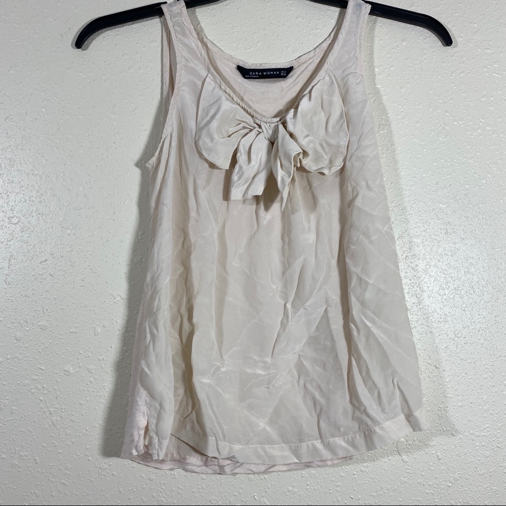 Zara Women Silk Tank Top blend Cream Blouse Tank Top Bow Medium Blouse